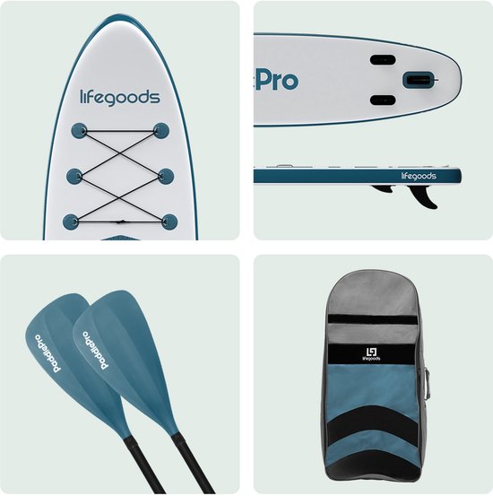 LifeGoods PaddlePro SUP Board - Planche à pagaie gonflable - Ensemble complet - Max. 135KG - 320x81cm - Blanc/Aqua profond