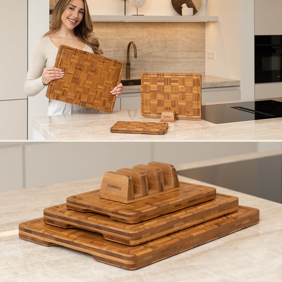 Deleca 3-Piece Chopping Board Set Bali with Holder - Planches à découper (40x30 | 33x24 | 26x18 cm) - Pour la cuisine japonaise - Planche à servir, Planche à fromage, Planche à servir, Planche à découper et Planche à tapas - Carbonised FSC Bamboo