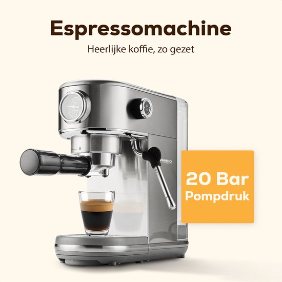 KitchenLove Piston Machine - Machine à espresso en acier inoxydable - 20 Bar - Manuelle - Avec buse vapeur