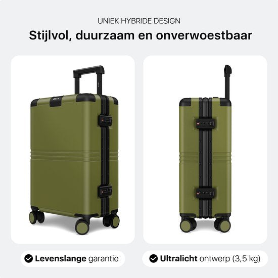 ONYX Hybrid Pro Hand Luggage Suitcase 35 Litres - Polycarbonate recyclé et design sans fermeture éclair - Valise de voyage avec serrure TSA et roues pivotantes - Trolley léger - Vert olive