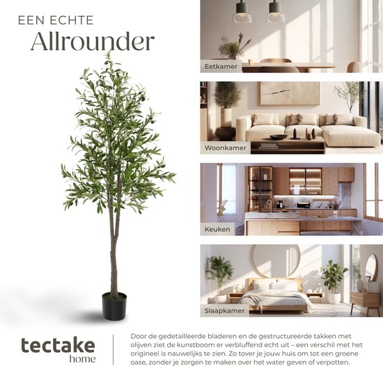 tectake® Olivier artificiel Oleand - Plante artificielle méditerranéenne avec feuilles et olives réalistes - Facile d'entretien et polyvalent - Pot de fleurs robuste inclus - Hauteur : 180 cm