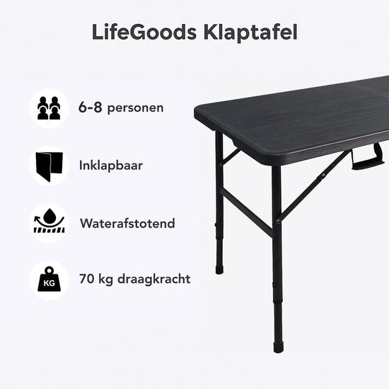 LifeGoods Table pliante - 180x74 cm - Table pliante robuste - Résiste aux intempéries - Table de salle à manger pliante - Table de camping - Table pliante pour l'intérieur et l'extérieur - Aspect grain de bois noir
