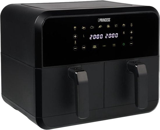 Princess Double Basket Airfryer 182068 - Double Airfryer - 8 litres - 2 paniers - XXL - 8 programmes - 2400W - Double friteuse à air chaud - Ecran tactile - Noir - 80°C à 220°C - Fonction Sync