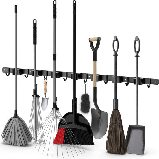 Porte balai Volcan - Système de suspension pour balai Outils de jardin - Porte-outils - Ruban adhésif 3M - 7 porte-balais 8 crochets - Acier inoxydable noir