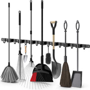 Porte balai Volcan - Système de suspension pour balai Outils de jardin - Porte-outils - Ruban adhésif 3M - 7 porte-balais 8 crochets - Acier inoxydable noir