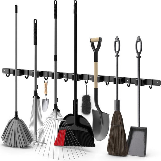 Porte balai Volcan - Système de suspension pour balai Outils de jardin - Porte-outils - Ruban adhésif 3M - 7 porte-balais 8 crochets - Acier inoxydable noir