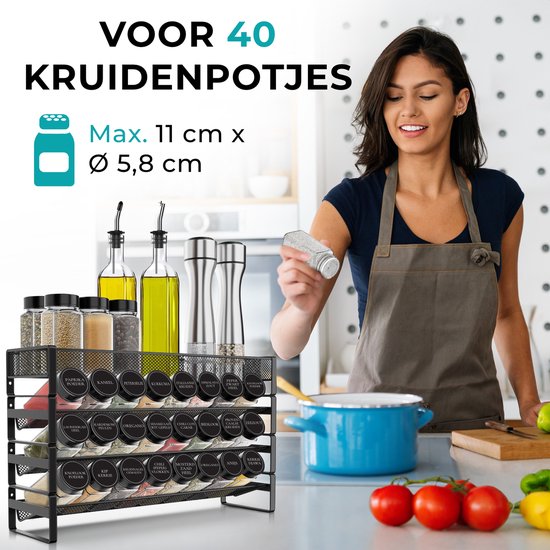Soothe Spice Rack Standing and Hanging for 40 Spice Jars - 4 Layers - Spice Organiser - Spice Rack - Noir