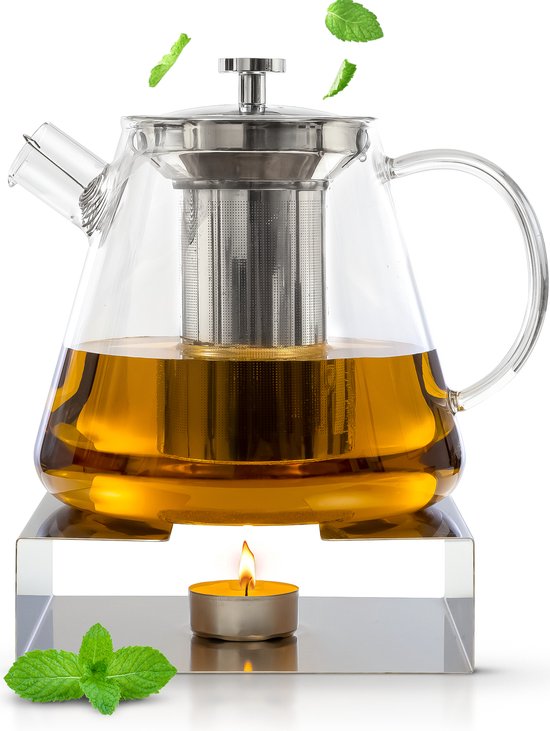 Deleca Théière en verre Clarity - Avec filtre en acier inoxydable et chauffe-plat - Pour thé en vrac / fleurs de thé - Cadeau de Noël - Verre borosilicaté / 1.5L