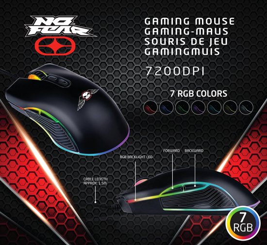 No Fear Gaming Mouse - 7200dpi - Souris RGB avec illumination LED - Câble 1.5M - Connexion USB 2.0 - Noir