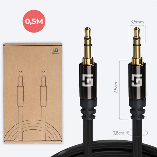 LifeGoods AUX Cable - Câble audio 0.5M - 3.5mm - Mâle à Mâle - Noir