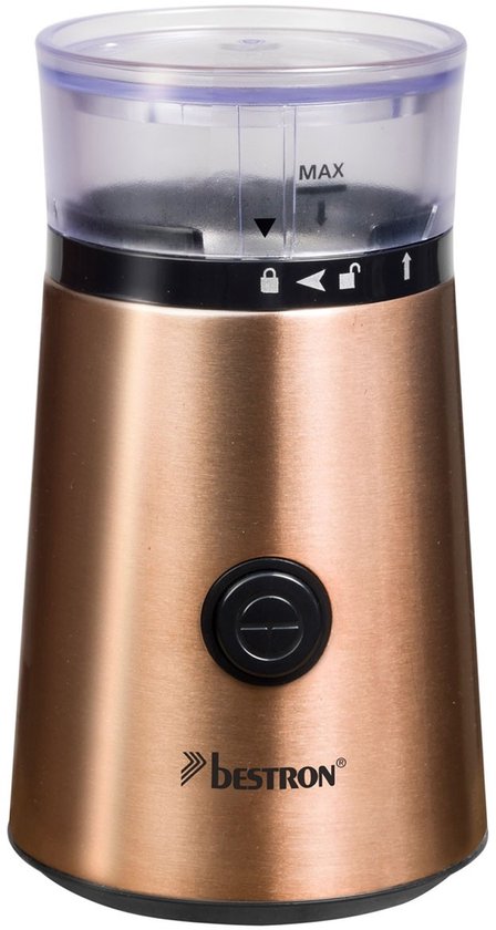 Bestron ACG1000CO Moulin à café électrique - 150W - Couteaux en acier inoxydable - Capacité de 50g - Couleur cuivre - Pour grains de café et épices - Garantie 5 ans