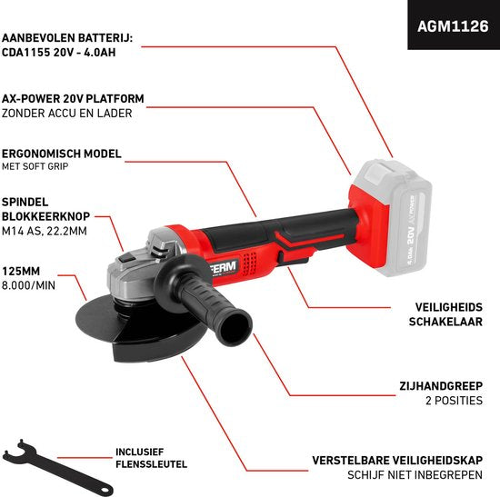 FERM - AX-POWER - AGM1126 - Batterie - Meuleuse d'angle - 125 mm - 20Volt - 8000t/min - Softgrip - Poignée latérale à deux endroits - Capuchon de protection réglable - Interrupteur de sécurité - Sans batterie et sans chargeur - Convient à la plate-forme d