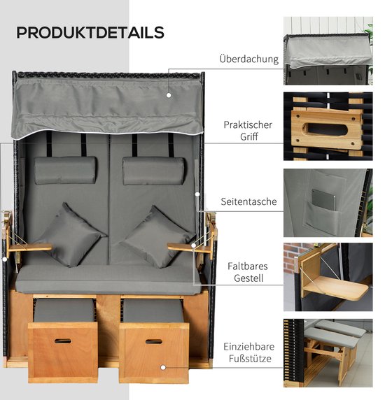 Outsunny - Chaise de plage avec capot - Bois - Polyester - Gris clair