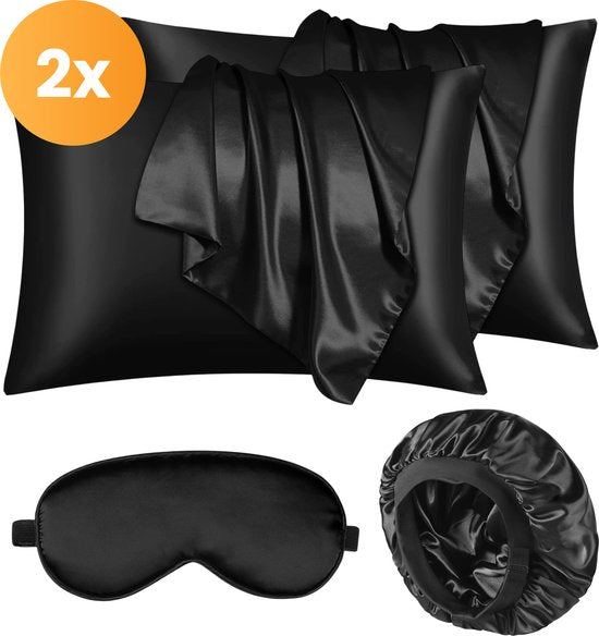 Ensemble de taies d'oreiller en satin - 50x70 - bonnet et masque de sommeil inclus - Noir - Satin - Soie - Beauté - Soie - Douce - Satin - Soie de noix