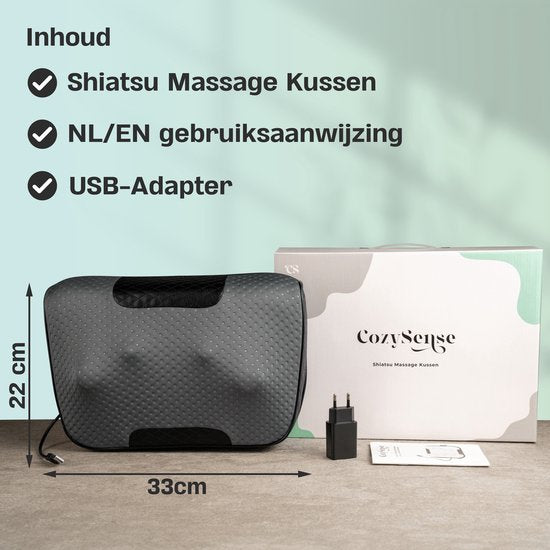 CozySense® Coussin de massage Shiatsu - Appareil de massage électrique et sans fil pour le cou et le dos - Fonction de chaleur - Rechargeable - Ergonomique - Noir
