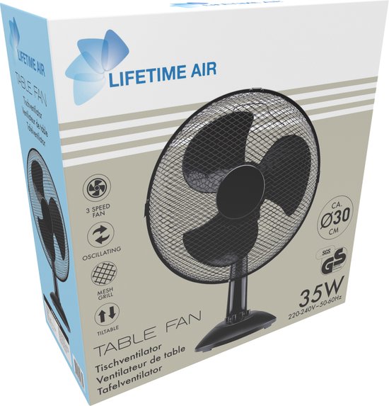 Lifetime Air Ventilateur de table 35W - Ventilateur pour table et bureau - avec poignée, 3 vitesses et fonction d'inclinaison - Silencieux 65dB - Noir