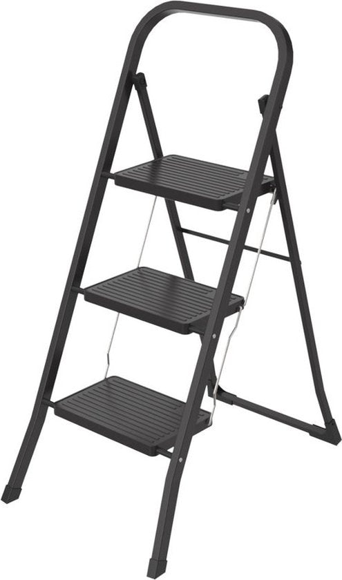BRASQ Échelle ménagère 3 marches noire - Échelle de cuisine en métal pliable pour usage privé et professionnel - Échelle - Antidérapante