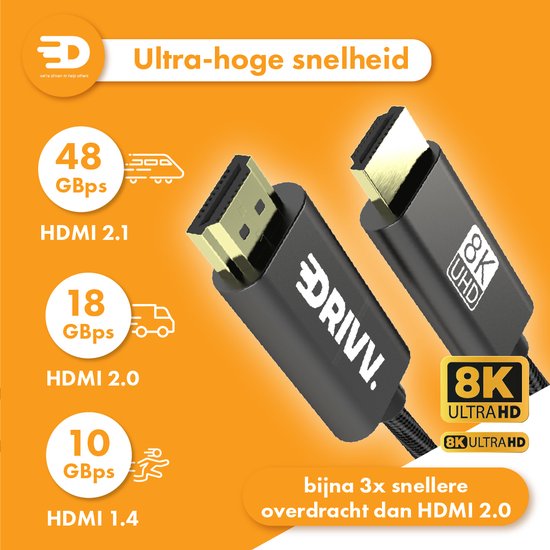 Drivv. Câble HDMI 2.1 8K - Ultra HD High Speed - HDMI vers HDMI - Convient à Xbox Series X & PS5 - 1 mètre - Nylon - Gris