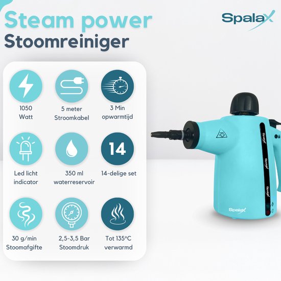 Spalax 14-en-1 Nettoyeur vapeur - 3.5 Bar Nettoyeur vapeur à main - Nettoyer les taches - Nettoyer à la vapeur le sol, le canapé, le tapis et les vêtements - Nettoyeur vapeur à main - Nettoyeur de tapis - 1050W - 350 ML