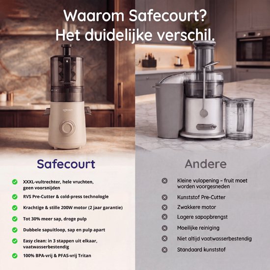 Safecourt Kitchen Slow Juicer XXL - moteur puissant [Technologie de pré-coupe et de pression à froid] - nettoyage facile - sans BPA - juicer Beige