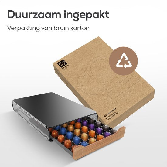 KitchenLove Porte-capsules Nespresso - Porte-tasses - Avec tiroir - Pour tasses à café - 60 tasses - Noir avec bois de bambou