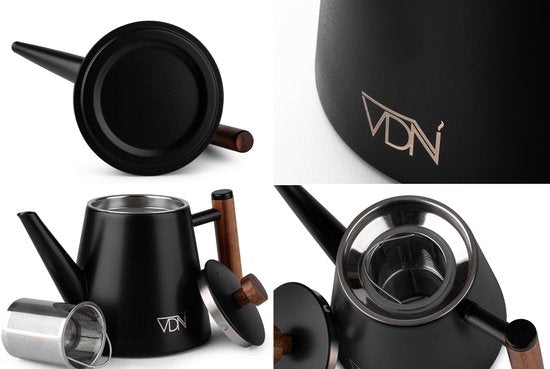VDN Théière en acier inoxydable à double paroi avec filtre - Théière noire 1 litre - 904