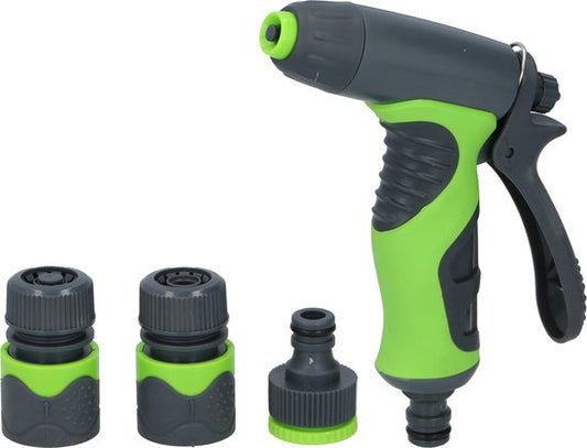 Kinzo 4-Piece Spray Gun Set - Incl. 3 Connectors for Garden Hose - 8 Spray Stages - Soft-Grip Handle - Green/Grey