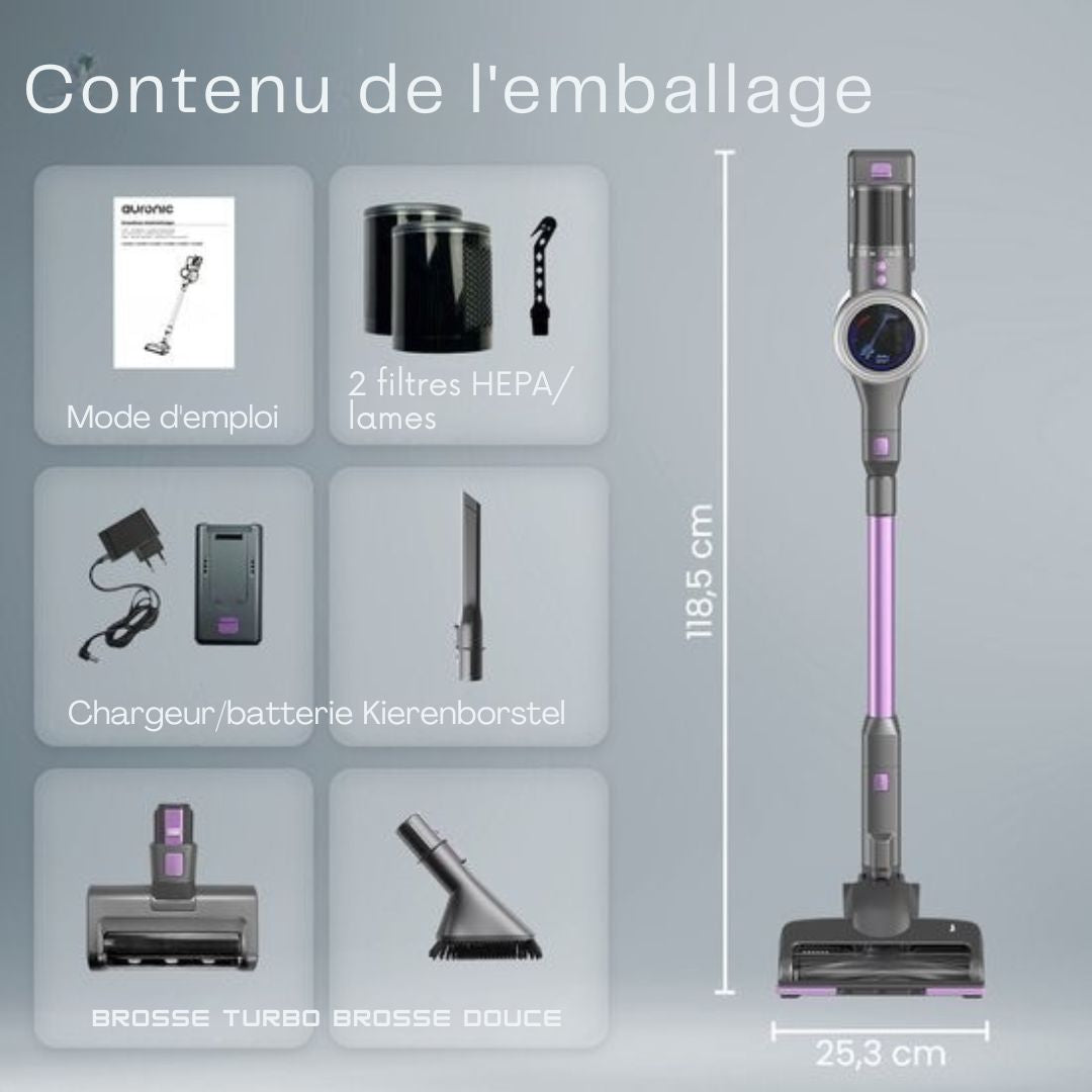 Aspirateur balai Auronic - Sans fil - Aspirateur autoportant - Sans sac - 350W - Aspirateur - Gris/Pourpre