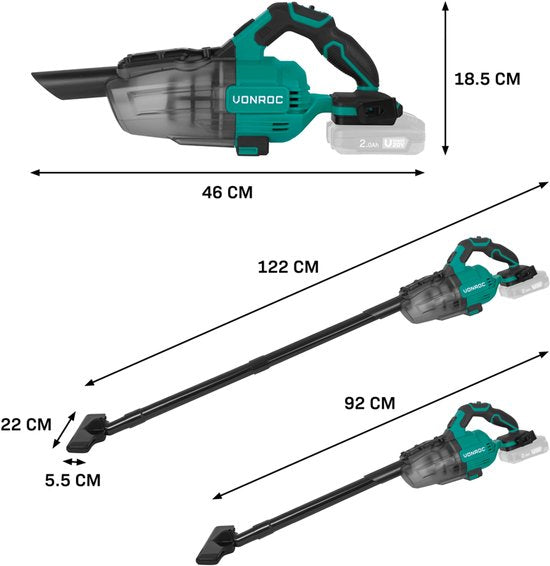 VONROC Aspirateur-balai sans fil puissant - VPower 20V - Batterie et chargeur inclus - Bac de ramassage 0,6L - 3 suceurs, 2 tubes d'extension et tuyau flexible inclus