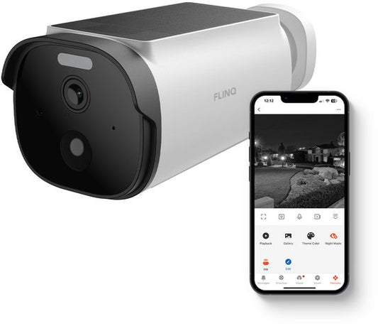 FlinQ Smart Security Camera Sentinel - USB & Solar Rechargeable - Caméra extérieure avec panneau solaire - Caméra de sécurité extérieure - 2K HD - Vision nocturne