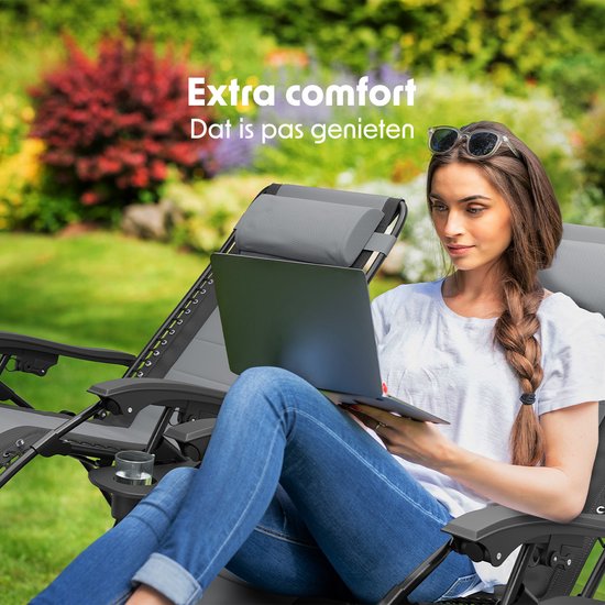 LifeGoods Chaises longues confort - pliable - 30°-90° réglable - support pour gobelets et téléphone - chaises de jardin - noir/gris