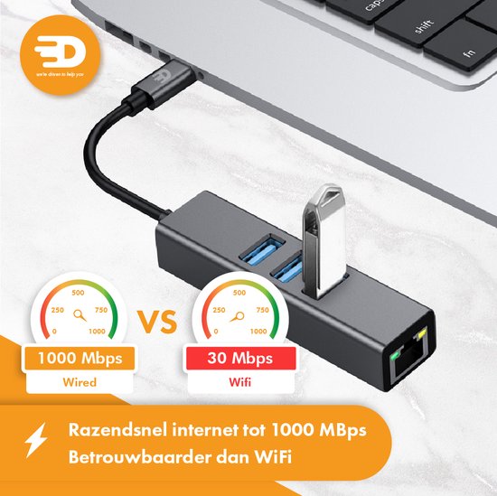 Drivv. Adaptateur USB C vers Ethernet avec 3 ports USB 3.0 - 100/1000 MBps - Adaptateur Internet - Adaptateur réseau