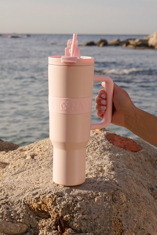 ONYX Bouteille à boire avec paille 1,2 litre - Bouteille d'eau pour enfants et adultes - Tasse thermos - Tasse de voyage - Boire pour la motivation - Tasse à boire pour l'école - Rose