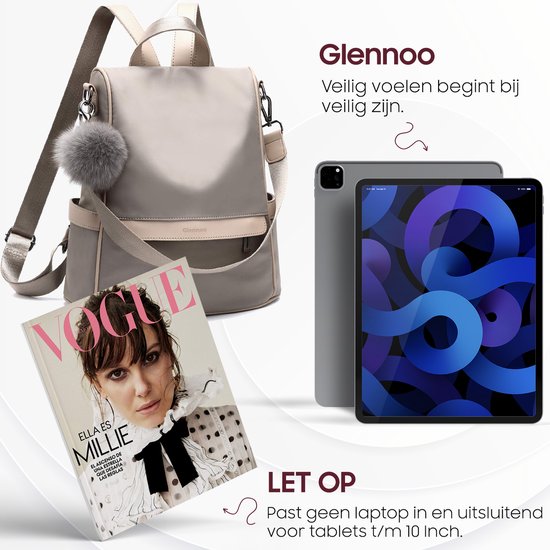 Sac à dos antivol - Sac à dos femmes - Imperméable - Petit - Sac à dos antivol - Dos, Epaule, Sac à main en un - Nylon - avec sangle réglable - Beige - Glennoo