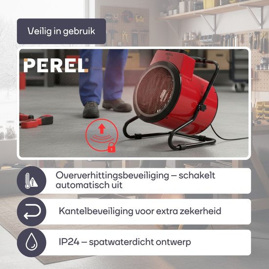 Perel Chauffage électrique à ventilateur 3000W, 2 niveaux de chaleur, thermostat et mode refroidissement, IP24, protection contre la surchauffe et l'inclinaison, chauffage portable compact pour l'atelier, le garage, la remise