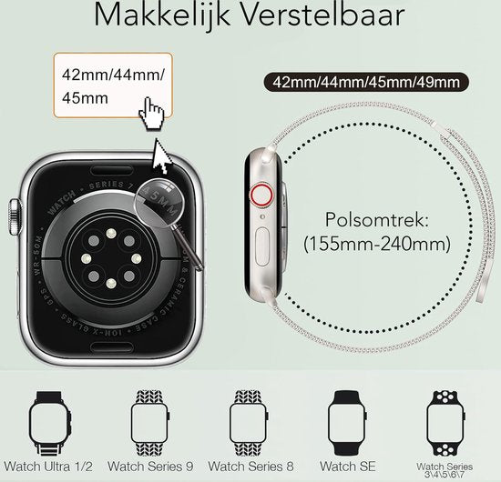 Podec Smartwatch Bracelet magnétique en acier inoxydable Starlight - Convient à l'Apple Watch - Bracelet adapté à l'iWatch 42 / 44 / 45 / 49 mm - Convient aux séries 1/2/3/4/5/6/7/SE