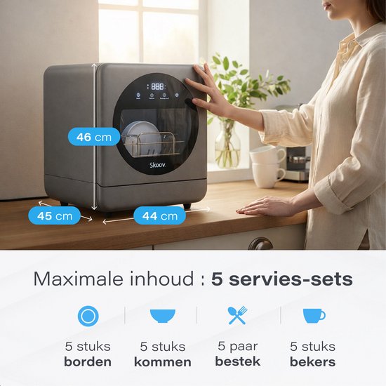 Skoov Mini lave-vaisselle avec réservoir d'eau - 5 couverts - 6 programmes de lavage - 45cm - Petit lave-vaisselle étroit à poser - Camping - Gris