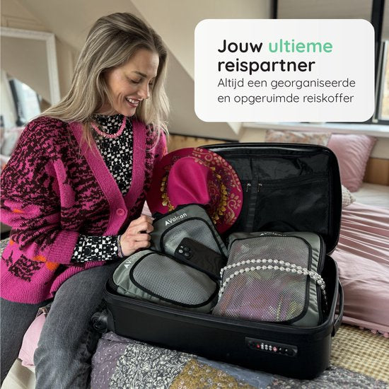 Cubes de compression Volcan - Organiseur de valise - Lot de 4 - Avec fermetures à glissière de compression - Pour sac à dos et valise - Vert botanique