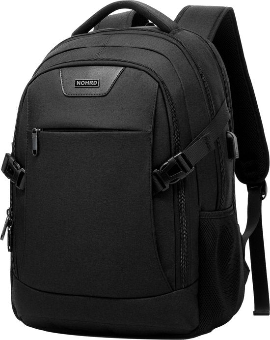 NOHRD Laptop Backpack - Black - Anti Theft - Laptop Bag 15.6 inch - USB Charging Station - Backpack Ladies & Men - Water Repellent - Schoolbag Girl & Boys - Bookbag with Laptop compartment