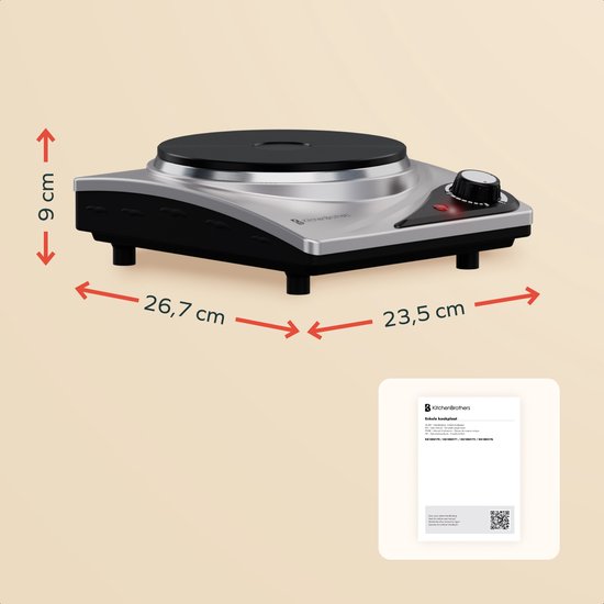 KitchenBrothers Table de cuisson électrique - 1 brûleur - pose libre - 7 niveaux de température - 1500W - inox/noir