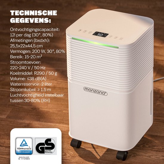 Déshumidificateur Monzana - 12L/jour Silencieux <38 dB 200W 20m² Roues - Blanc