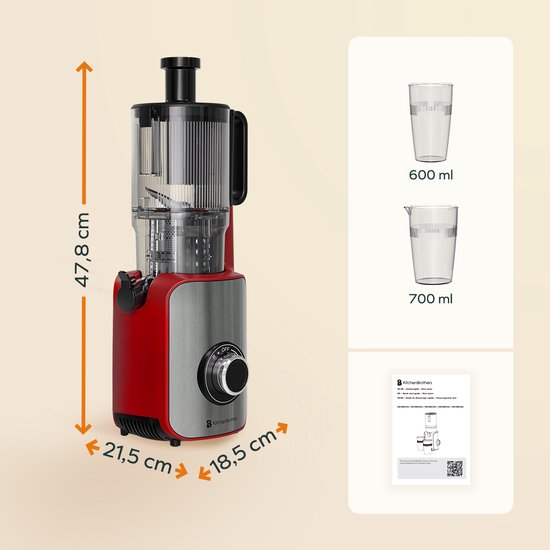 KitchenBrothers Slowjuicer - Vertical - Presse-agrumes - Presse-légumes et fruits - 126 mm - 750 ml - Rouge
