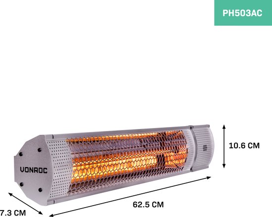 VONROC Chauffage d'ambiance de terrasse - Marsili 2000W - Haute efficacité - Argent - Ampoule à faible éblouissement - 2 niveaux de chaleur - Avec télécommande