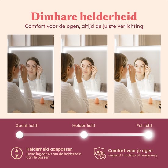 Fraay® Hollywood Mirror with Lighting 60x50cm - 3 Light Stages - Make-up Mirror with 10x Magnification Mirror - LED Strip Lighting Dimmable - Incl. 2 Beauty Blenders and Powder puff