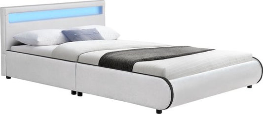 Juskys Lit capitonné Seville - 140 x 200 cm - Blanc - Eclairage LED