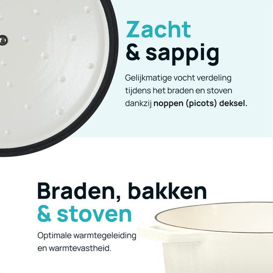MOA Casserole en fonte - 7,2L - Pour toutes les sources de chaleur y compris l'induction - Avec couvercle - Ø 30cm - Revêtement antiadhésif - Blanc