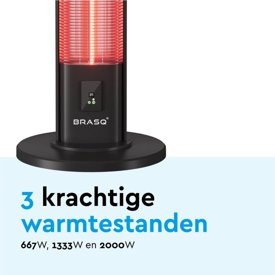 BRASQ Chauffe-terrasse électrique sur pied - 2000 watts - 3 niveaux de chaleur - avec télécommande et minuterie - Chauffage infrarouge - résistant aux éclaboussures - chauffage pour l'intérieur et l'extérieur - Noir