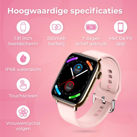 Nuvance - Smartwatch Hommes et Femmes avec Bluetooth - IP68 Waterproof - Convient à tous les Smartphones - Podomètre et moniteur de fréquence cardiaque - Or