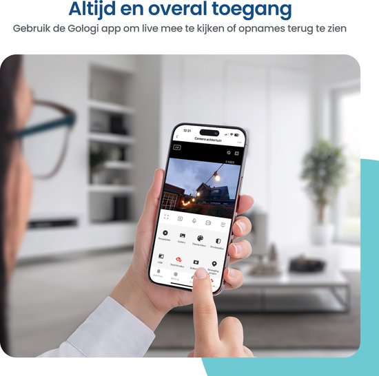 Gologi Solar Pro Caméra de sécurité extérieure - 5200 mAh - Vision nocturne - Détection de mouvement - Caméra de surveillance - Panneau solaire - Sans fil - USB-C - WiFi et App - Blanc