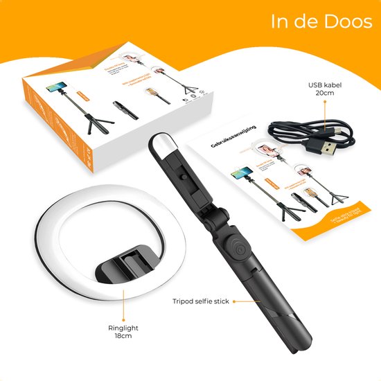 Bâton de selfie 3 en 1 - Lampe annulaire pour selfie avec trépied Smartphone - Bâton de selfie avec trépied - Lampe annulaire avec télécommande - 9 modes d'éclairage - Lampe annulaire avec trépied